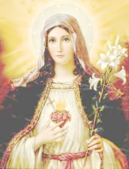 The Immaculate Heart is shown encircled by a crown of roses and pierced by a sword, aflame with love for 	      God and mankind. This symbol springs from the vision of the Sacred Heart had by St. Catherine Labour.